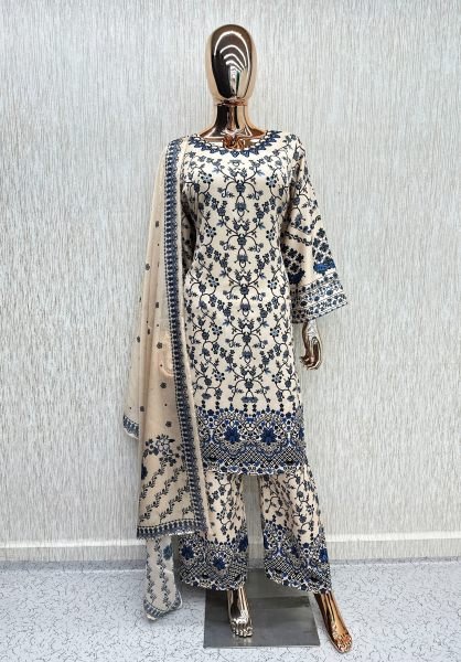 Vibrant Navy Blue Satin Kurti Set With Printed Chinnon Silk For Festival Wear Pakistani Suits Wholesale