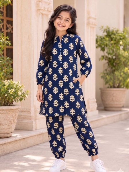 Vibrant Navy Blue Stylish Kids Cotton Printed Two-Piece Set at Wholesale Rate Kurtis