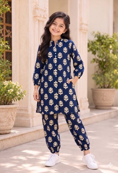 Vibrant Navy Blue Stylish Kids Cotton Printed Two-Piece Set at Wholesale Rate Girls Wear
