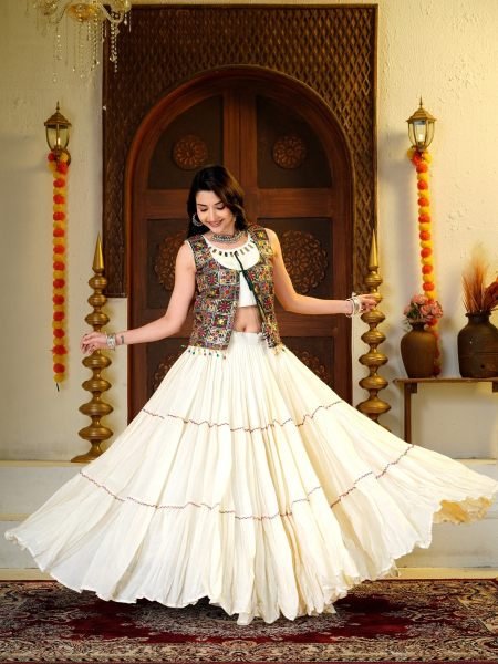 Vibrant OffWhite Kora Cotton Lehenga Choli with Fancy Lace Work and Designer Shrug at Manufacturer Rate 