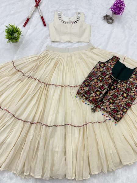 Vibrant OffWhite Kora Cotton Lehenga Choli with Fancy Lace Work and Designer Shrug at Manufacturer Rate Navratri Lehnega Choli
