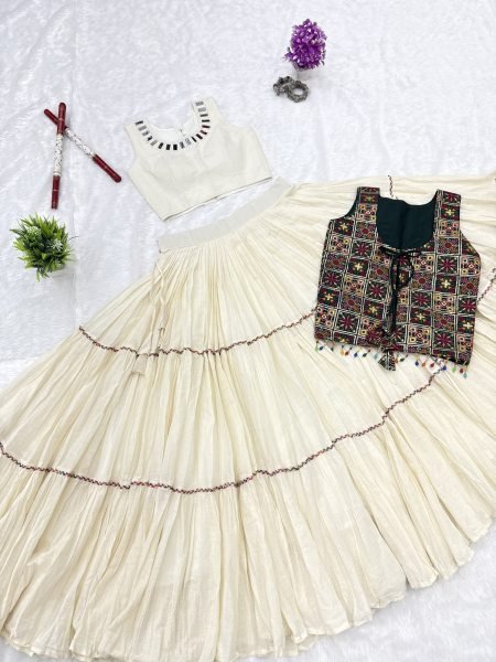 Vibrant OffWhite Kora Cotton Lehenga Choli with Fancy Lace Work and Designer Shrug at Manufacturer Rate Navratri Lehnega Choli