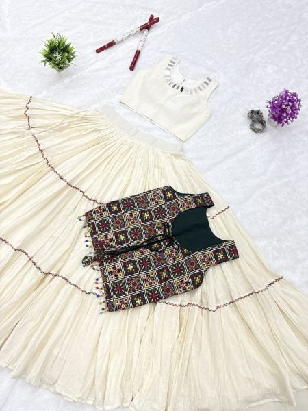 Vibrant OffWhite Kora Cotton Lehenga Choli with Fancy Lace Work and Designer Shrug at Manufacturer Rate Navratri Lehnega Choli