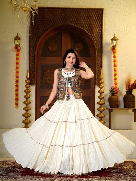 Vibrant OffWhite Kora Cotton Lehenga Choli with Fancy Lace Work and Designer Shrug at Manufacturer Rate Navratri Lehnega Choli