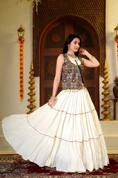 Vibrant OffWhite Kora Cotton Lehenga Choli with Fancy Lace Work and Designer Shrug at Manufacturer Rate Navratri Lehnega Choli