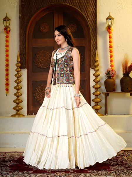 Vibrant OffWhite Kora Cotton Lehenga Choli with Fancy Lace Work and Designer Shrug at Manufacturer Rate Navratri Lehnega Choli