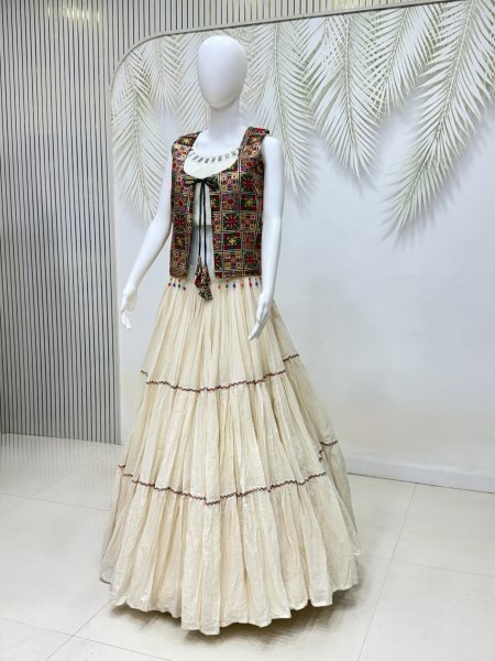 Vibrant OffWhite Kora Cotton Lehenga Choli with Fancy Lace Work and Designer Shrug at Manufacturer Rate Navratri Lehnega Choli