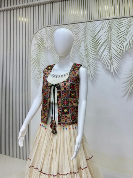 Vibrant OffWhite Kora Cotton Lehenga Choli with Fancy Lace Work and Designer Shrug at Manufacturer Rate Navratri Lehnega Choli