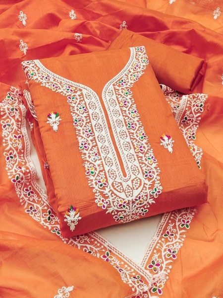 Vibrant Orange Chanderi Suit Material with Thread Embroidery & Dupatta