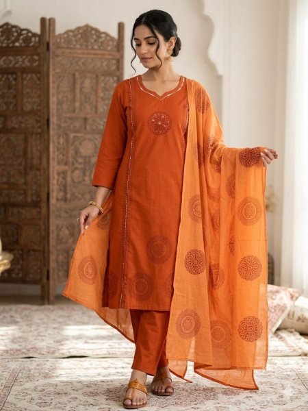 Vibrant Orange Cotton Suit Set with Mirror Work And Hand Print For Relatives Function Wear Cotton Kurtis Wholesale