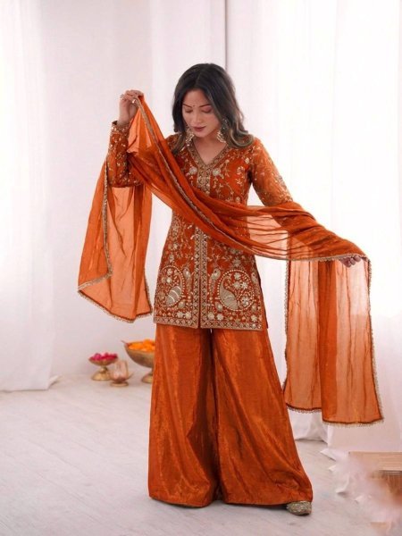 Vibrant Orange Festive Wear Sharara Suit for Weddings & Celebrations Ready To Wear Suit