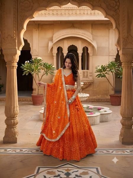 Vibrant Orange Fully Stitched Fox Georgette Lehenga Choli with Heavy Embroidery  Lehenga