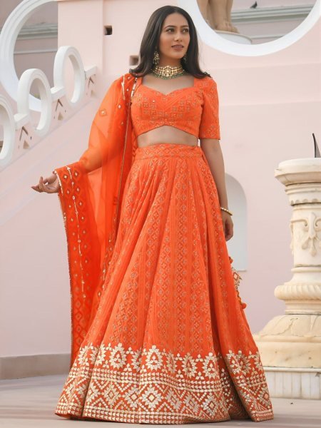 Vibrant Orange Georgette Wedding Lehenga with Heavy Sequins and Gottapatti Work 