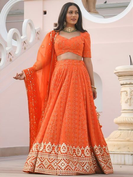 Vibrant Orange Georgette Wedding Lehenga with Heavy Sequins and Gottapatti Work Designer Lehenga Choli