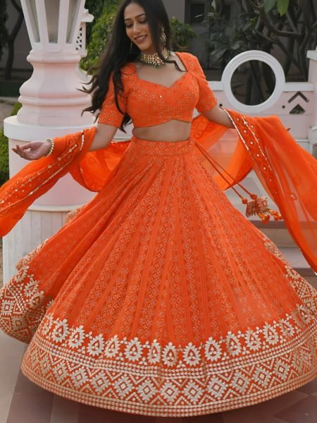 Vibrant Orange Georgette Wedding Lehenga with Heavy Sequins and Gottapatti Work Designer Lehenga Choli