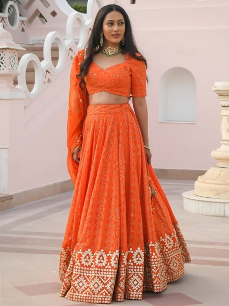 Vibrant Orange Georgette Wedding Lehenga with Heavy Sequins and Gottapatti Work Designer Lehenga Choli