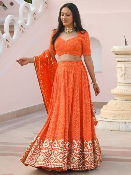 Vibrant Orange Georgette Wedding Lehenga with Heavy Sequins and Gottapatti Work Designer Lehenga Choli