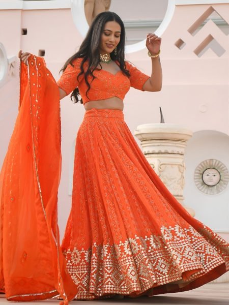 Vibrant Orange Georgette Wedding Lehenga with Heavy Sequins and Gottapatti Work Designer Lehenga Choli