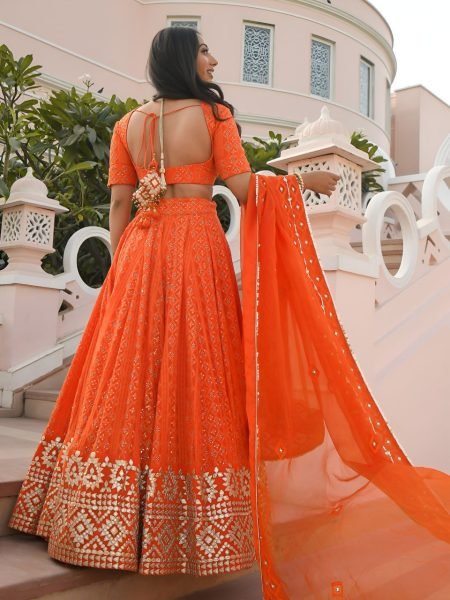 Vibrant Orange Georgette Wedding Lehenga with Heavy Sequins and Gottapatti Work Designer Lehenga Choli