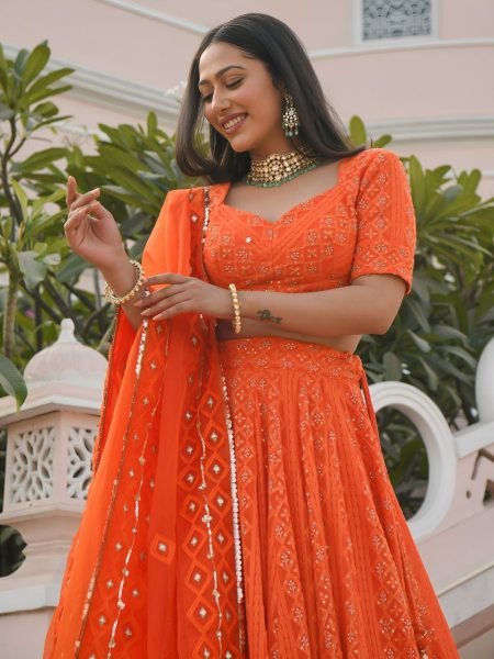 Vibrant Orange Georgette Wedding Lehenga with Heavy Sequins and Gottapatti Work Designer Lehenga Choli