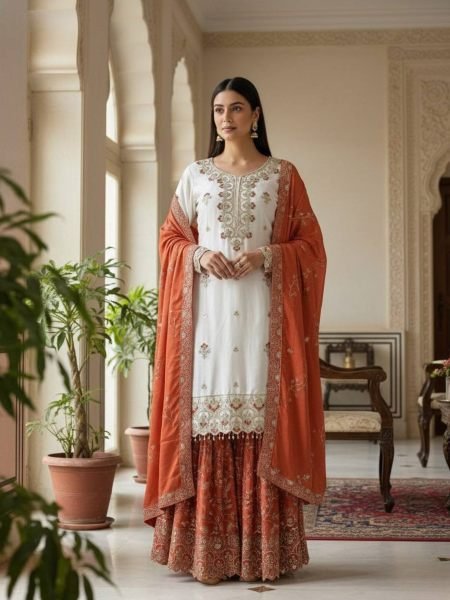 Vibrant Orange Pure Chinon Silk Sharara Suit with Sequin and Stone Hand Work at Manufacturer  Ready To Wear Suit