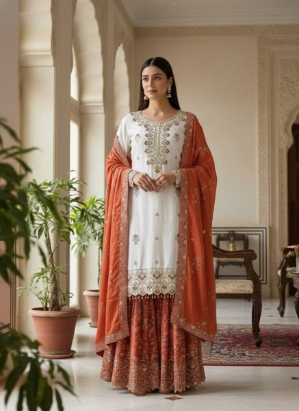 Vibrant Orange Pure Chinon Silk Sharara Suit with Sequin and Stone Hand Work at Manufacturer  Ready To Wear Collection