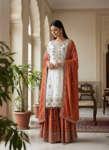 Vibrant Orange Pure Chinon Silk Sharara Suit with Sequin and Stone Hand Work at Manufacturer  Ready To Wear Collection