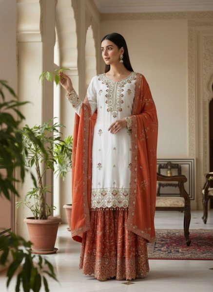 Vibrant Orange Pure Chinon Silk Sharara Suit with Sequin and Stone Hand Work at Manufacturer  Ready To Wear Collection