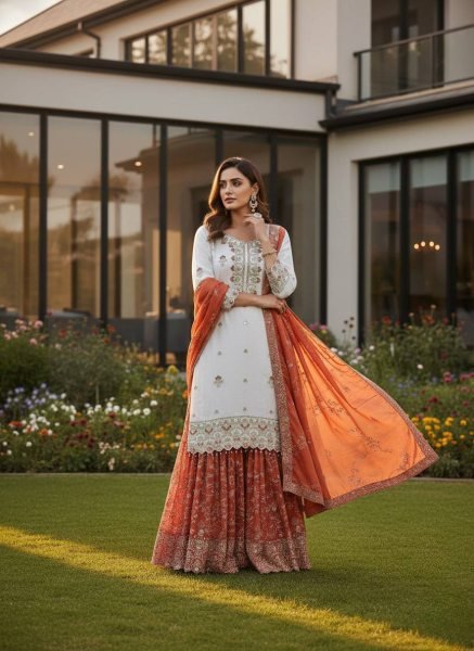 Vibrant Orange Pure Chinon Silk Sharara Suit with Sequin and Stone Hand Work at Manufacturer  Ready To Wear Collection