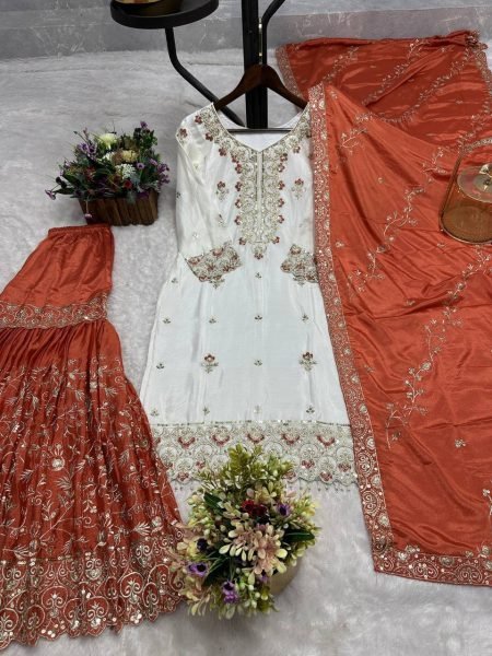 Vibrant Orange Pure Chinon Silk Sharara Suit with Sequin and Stone Hand Work at Manufacturer  Ready To Wear Collection