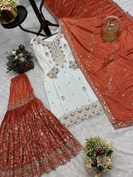 Vibrant Orange Pure Chinon Silk Sharara Suit with Sequin and Stone Hand Work at Manufacturer  Ready To Wear Collection