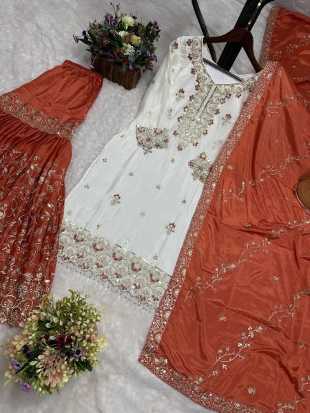Vibrant Orange Pure Chinon Silk Sharara Suit with Sequin and Stone Hand Work at Manufacturer  Ready To Wear Collection