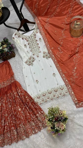Vibrant Orange Pure Chinon Silk Sharara Suit with Sequin and Stone Hand Work at Manufacturer  Ready To Wear Collection