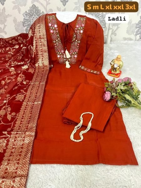 Vibrant Orange Roman Silk Kurti With Beautiful Mirror Work For Wedding Wear Embroidery Kurtis 