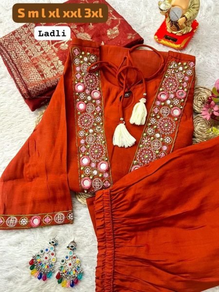 Vibrant Orange Roman Silk Kurti With Beautiful Mirror Work For Wedding Wear Embroidery Kurtis 