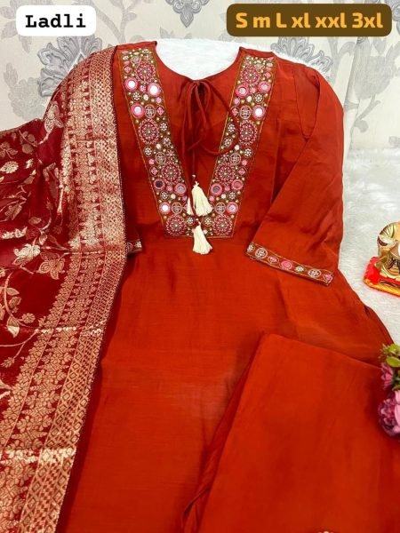 Vibrant Orange Roman Silk Kurti With Beautiful Mirror Work For Wedding Wear Embroidery Kurtis 