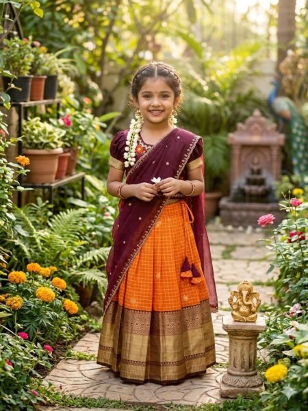 Vibrant Orange Silk Lehenga Choli with Maggam Work Blouse for Wedding Wear Kurtis