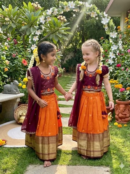 Vibrant Orange Silk Lehenga Choli with Maggam Work Blouse for Wedding Wear Girls Wear