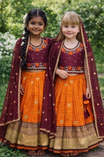 Vibrant Orange Silk Lehenga Choli with Maggam Work Blouse for Wedding Wear Girls Wear