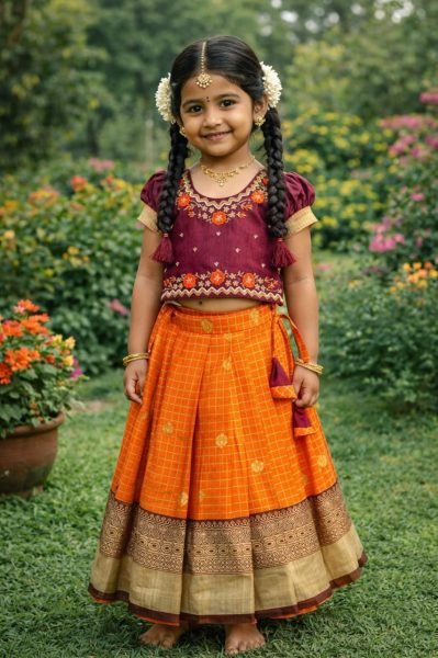 Vibrant Orange Silk Lehenga Choli with Maggam Work Blouse for Wedding Wear Girls Wear