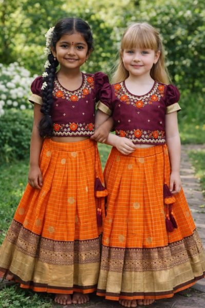 Vibrant Orange Silk Lehenga Choli with Maggam Work Blouse for Wedding Wear Girls Wear