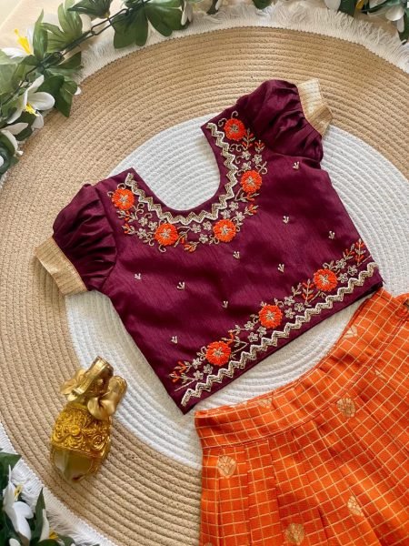 Vibrant Orange Silk Lehenga Choli with Maggam Work Blouse for Wedding Wear Girls Wear