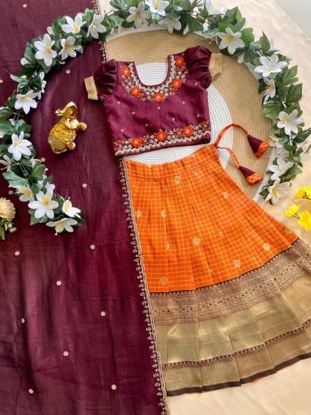 Vibrant Orange Silk Lehenga Choli with Maggam Work Blouse for Wedding Wear Girls Wear