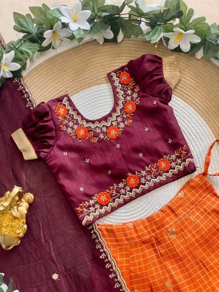 Vibrant Orange Silk Lehenga Choli with Maggam Work Blouse for Wedding Wear Girls Wear