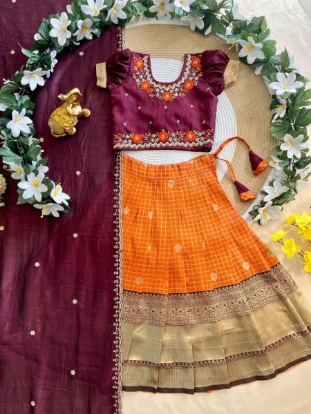 Vibrant Orange Silk Lehenga Choli with Maggam Work Blouse for Wedding Wear Girls Wear