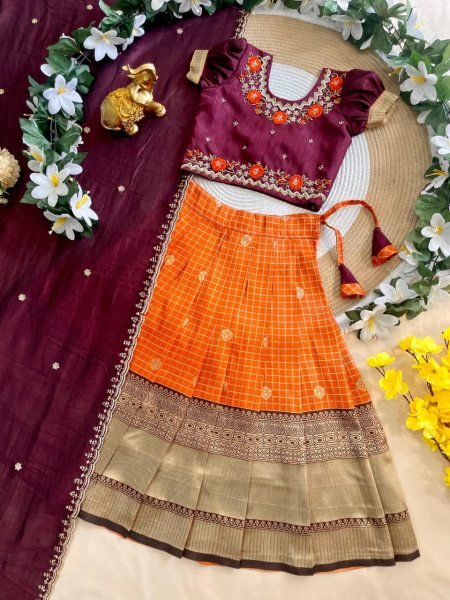 Vibrant Orange Silk Lehenga Choli with Maggam Work Blouse for Wedding Wear Girls Wear