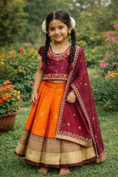 Vibrant Orange Silk Lehenga Choli with Maggam Work Blouse for Wedding Wear Girls Wear