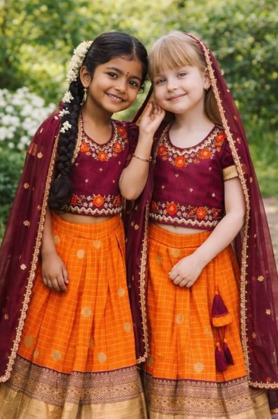 Vibrant Orange Silk Lehenga Choli with Maggam Work Blouse for Wedding Wear Girls Wear