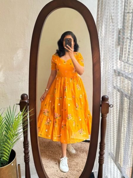 Vibrant Orange Tangelia Floral Embroidered Chanderi Cotton Maxi Dress Kurtis