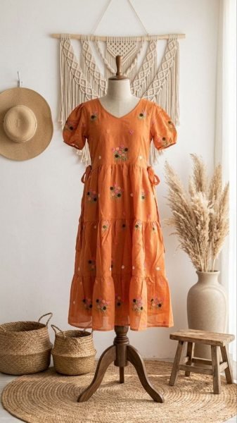 Vibrant Orange Tangelia Floral Embroidered Chanderi Cotton Maxi Dress Western Ladies Top Wholesale